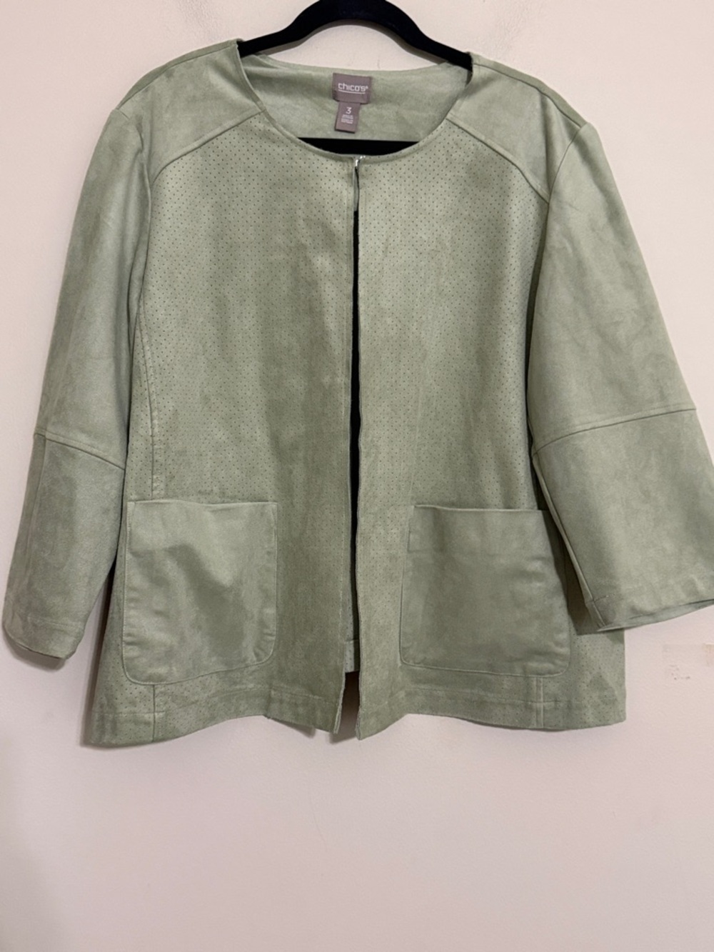 Chico's Light Sage Perforated Suede Open-Front Jacket cardigan women 3 casual